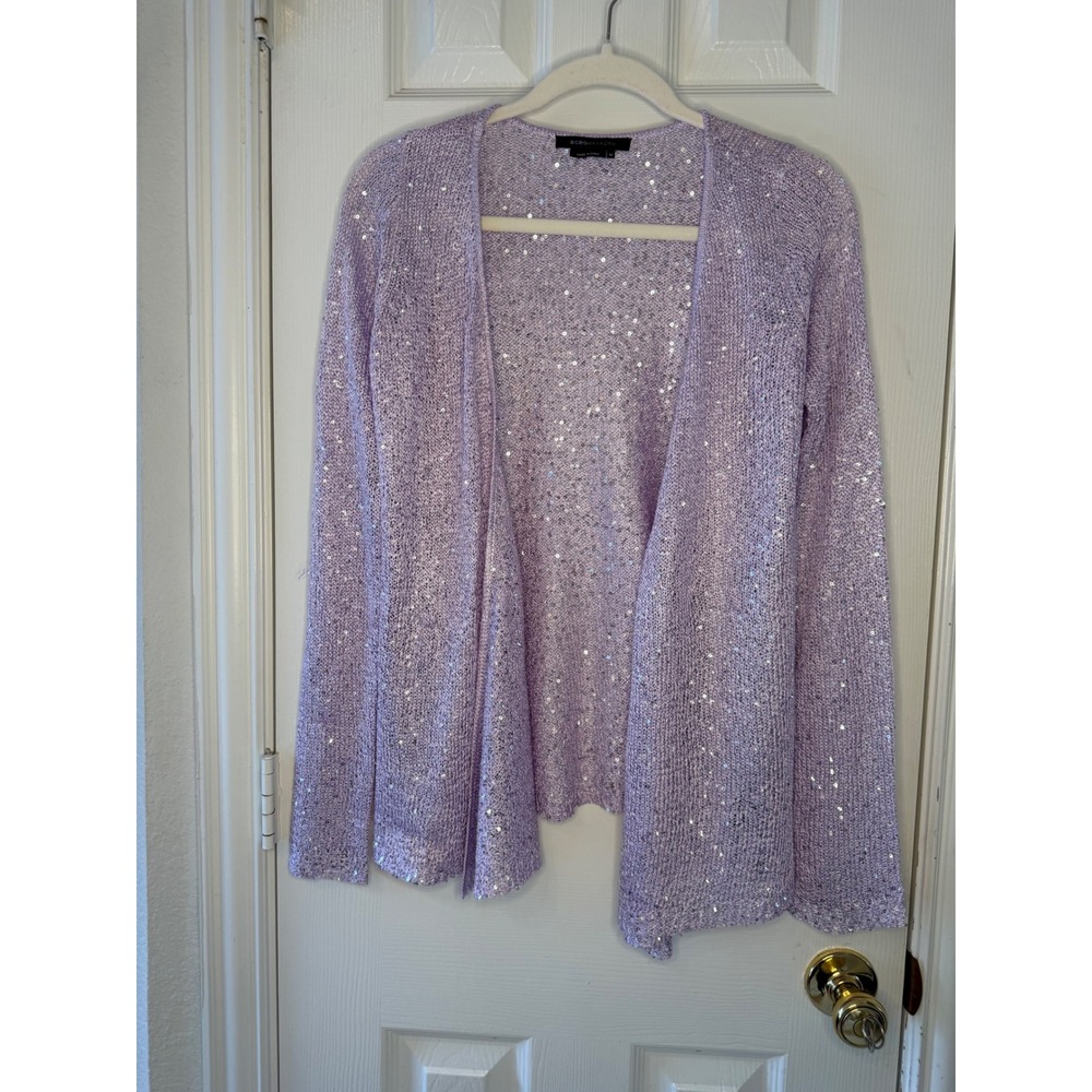 BCBGMAXAZRIA Lavender‎ Sequin Knit Open Front Long Sleeve Cardigan Sweater Top